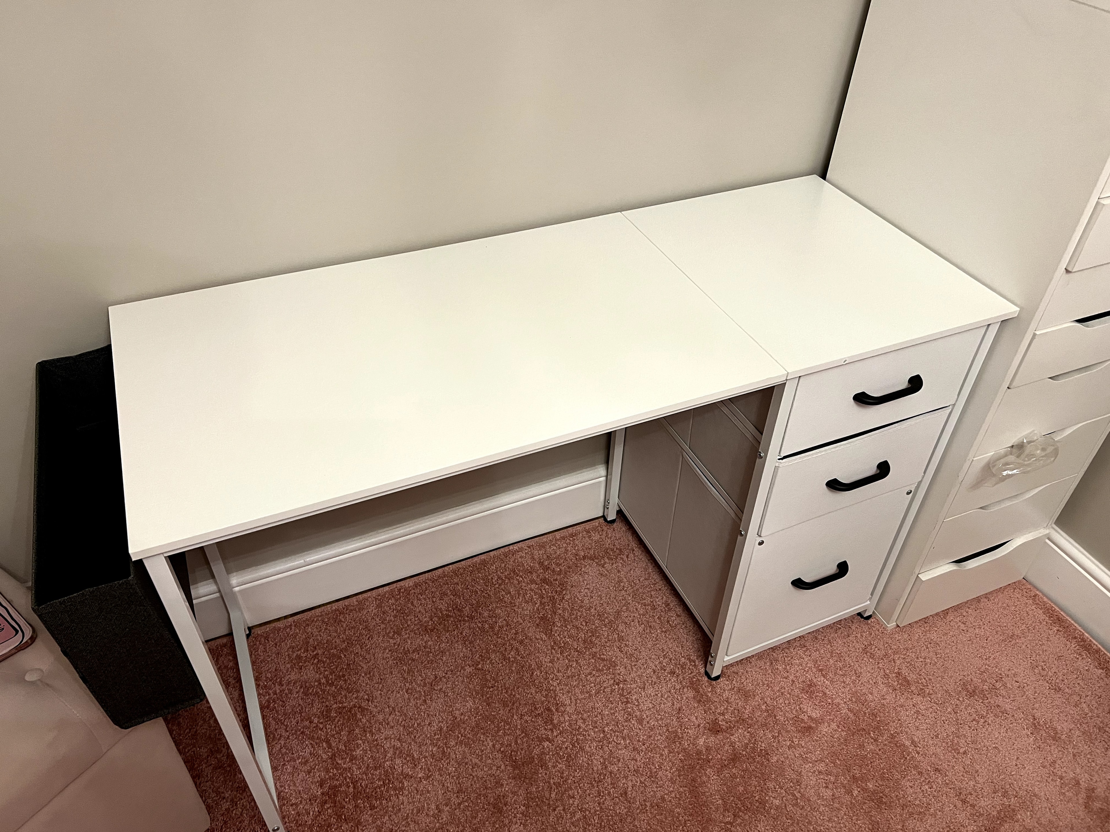 White desk with three-drawer pedestal assembled
