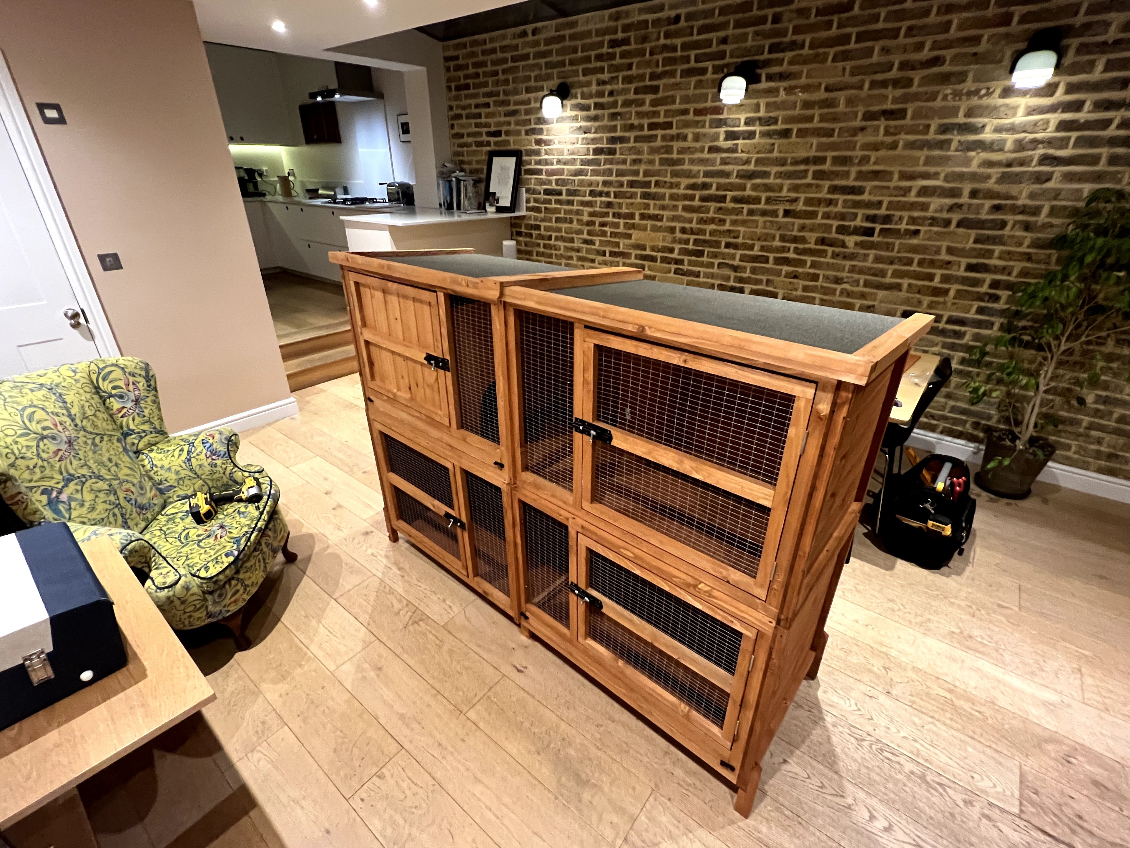 Large double-tier rabbit hutch assembled in living room